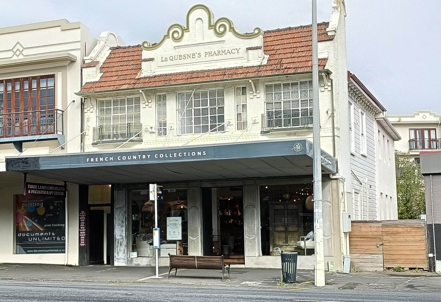 The white Le Quesne’s Pharmacy building at 2 Jervois Road today. Three Lamps is upstairs.