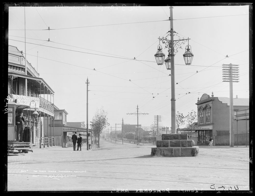 The Three Lamps intersection, Ponsonby, around 1905, with the triple street lamp and surrounding buildings.